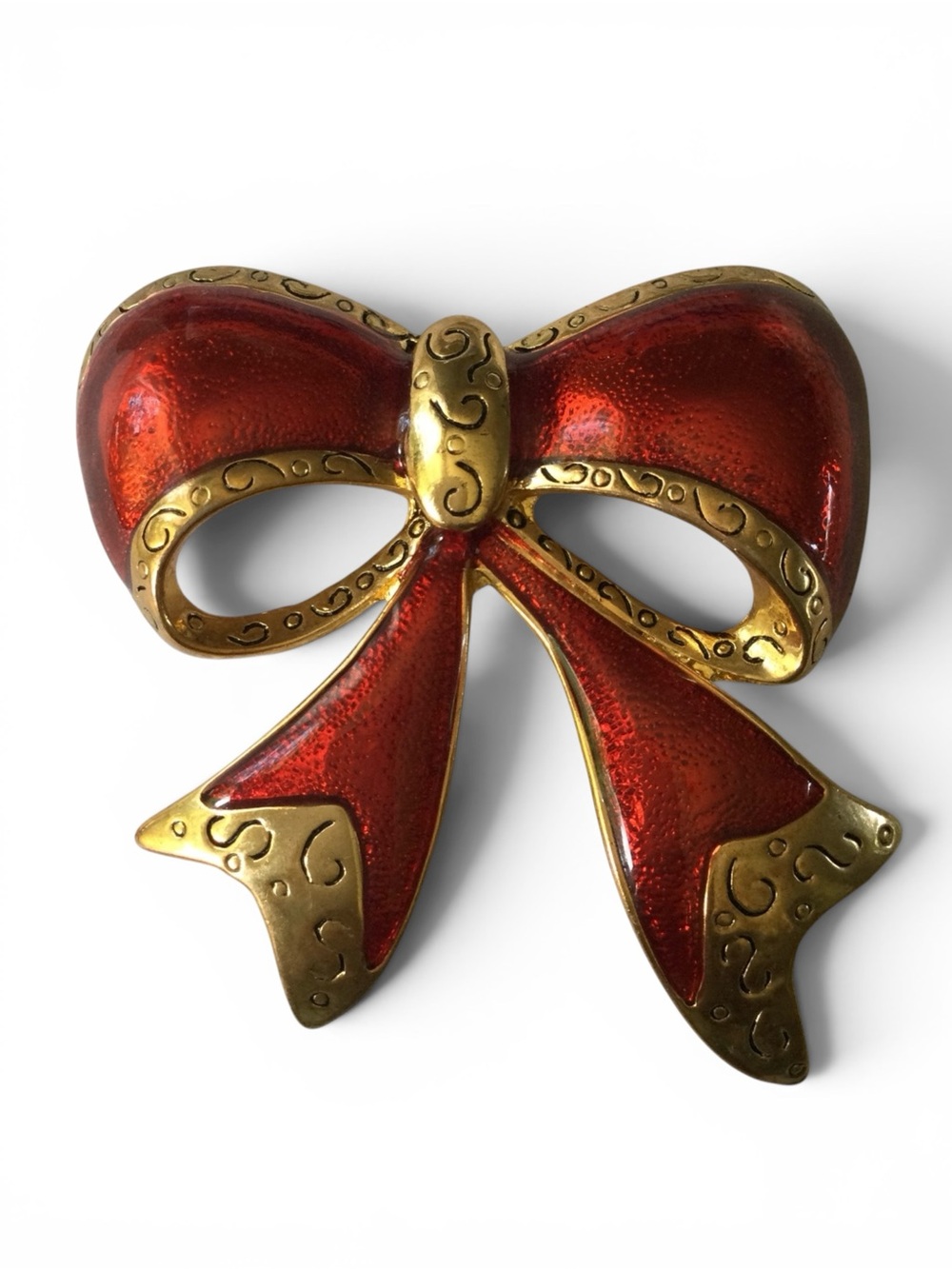 Vintage 1980s Gold-Tone Red & Gold Christmas Bow Brooch - Picture 5 of 9